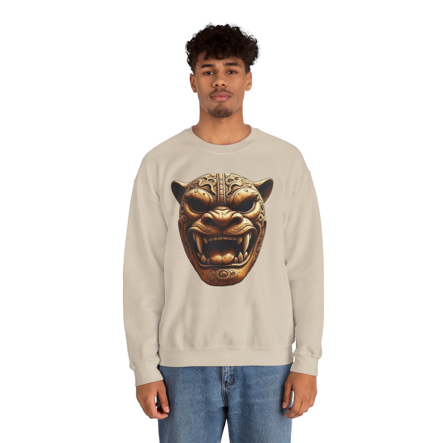Azteekse oude jaguar krijgersmasker, unisex ronde hals sweatshirt